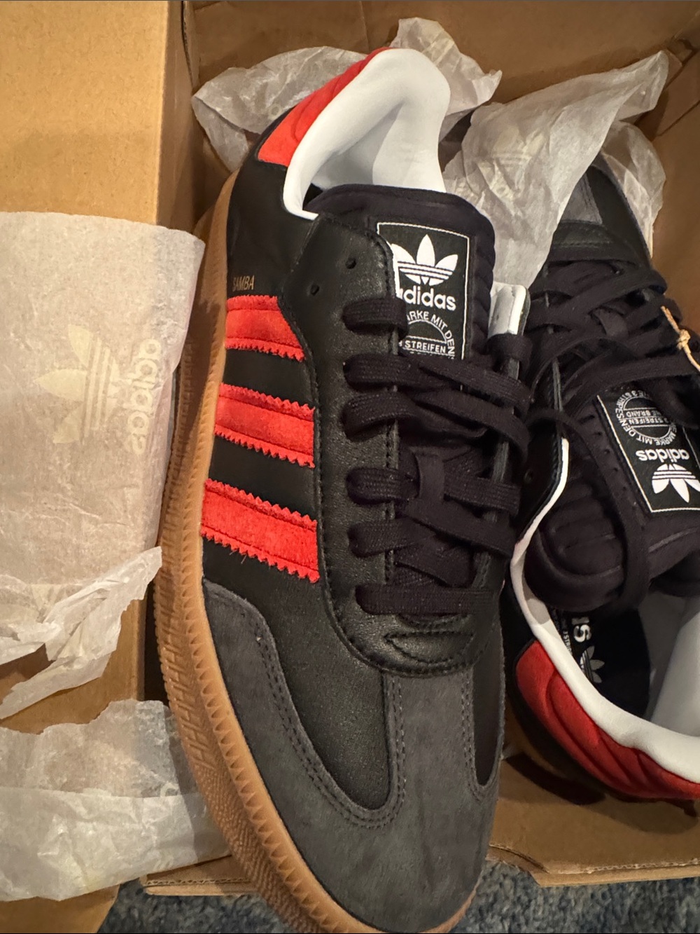 adidas Samba Sneakers — Black with Red Accents and Gum Sole - Picture 7 of 8